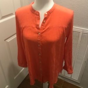 Loft	Button 3/4 length gauzy collarless shirt